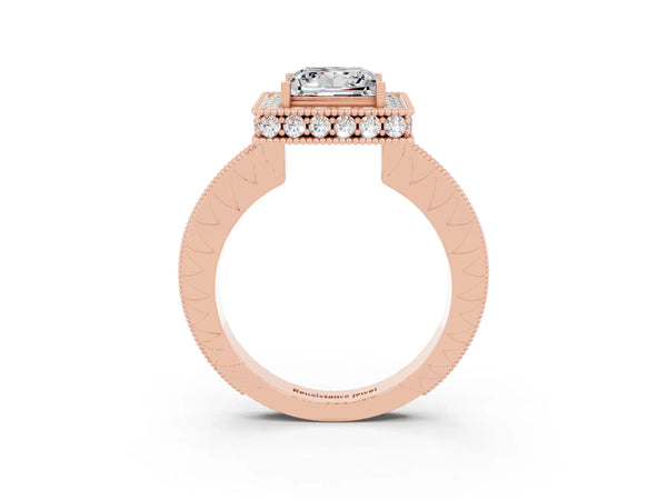 Rose gold Princess Cut Halo Diamond Engagement Ring with Milgrain Pave Band and Four-Prong Setting