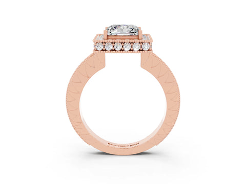 Rose gold Princess Cut Halo Diamond Engagement Ring with Milgrain Pave Band and Four-Prong Setting_3