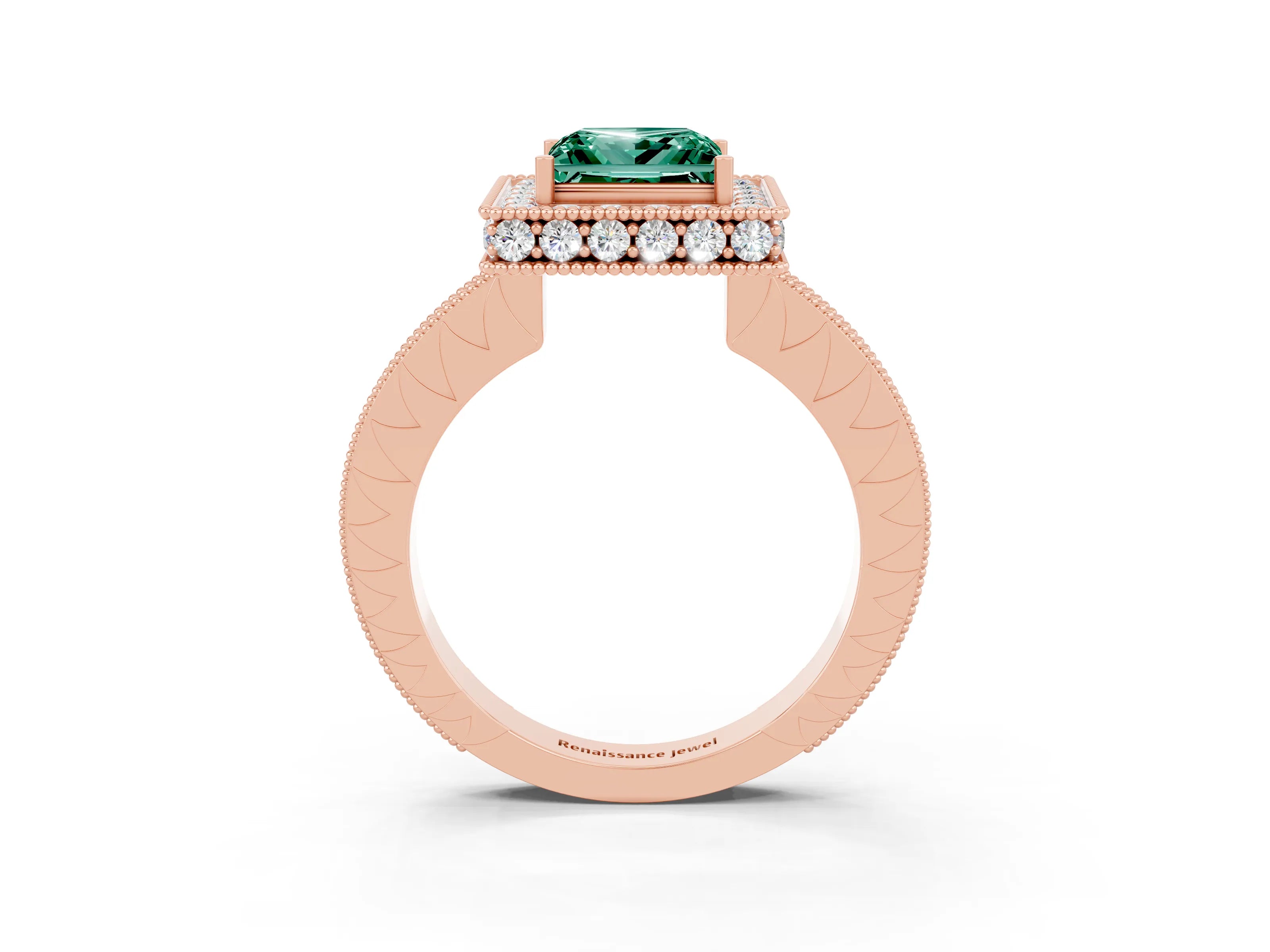 Rose gold Princess Cut Halo Diamond Engagement Ring with Milgrain Pave Band and Four-Prong Setting_3