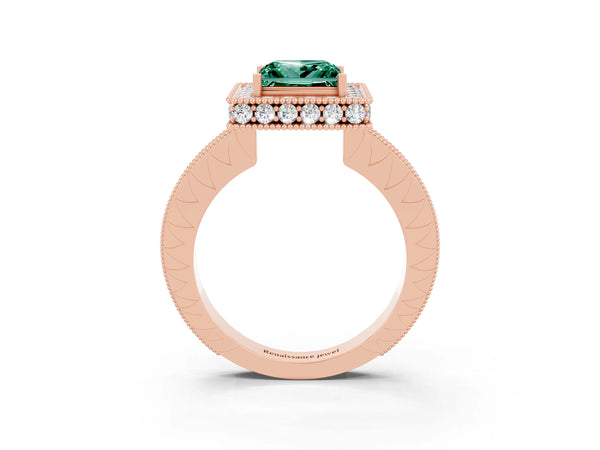 Rose gold Princess Cut Halo Diamond Engagement Ring with Milgrain Pave Band and Four-Prong Setting