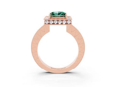 Rose gold Princess Cut Halo Diamond Engagement Ring with Milgrain Pave Band and Four-Prong Setting_3