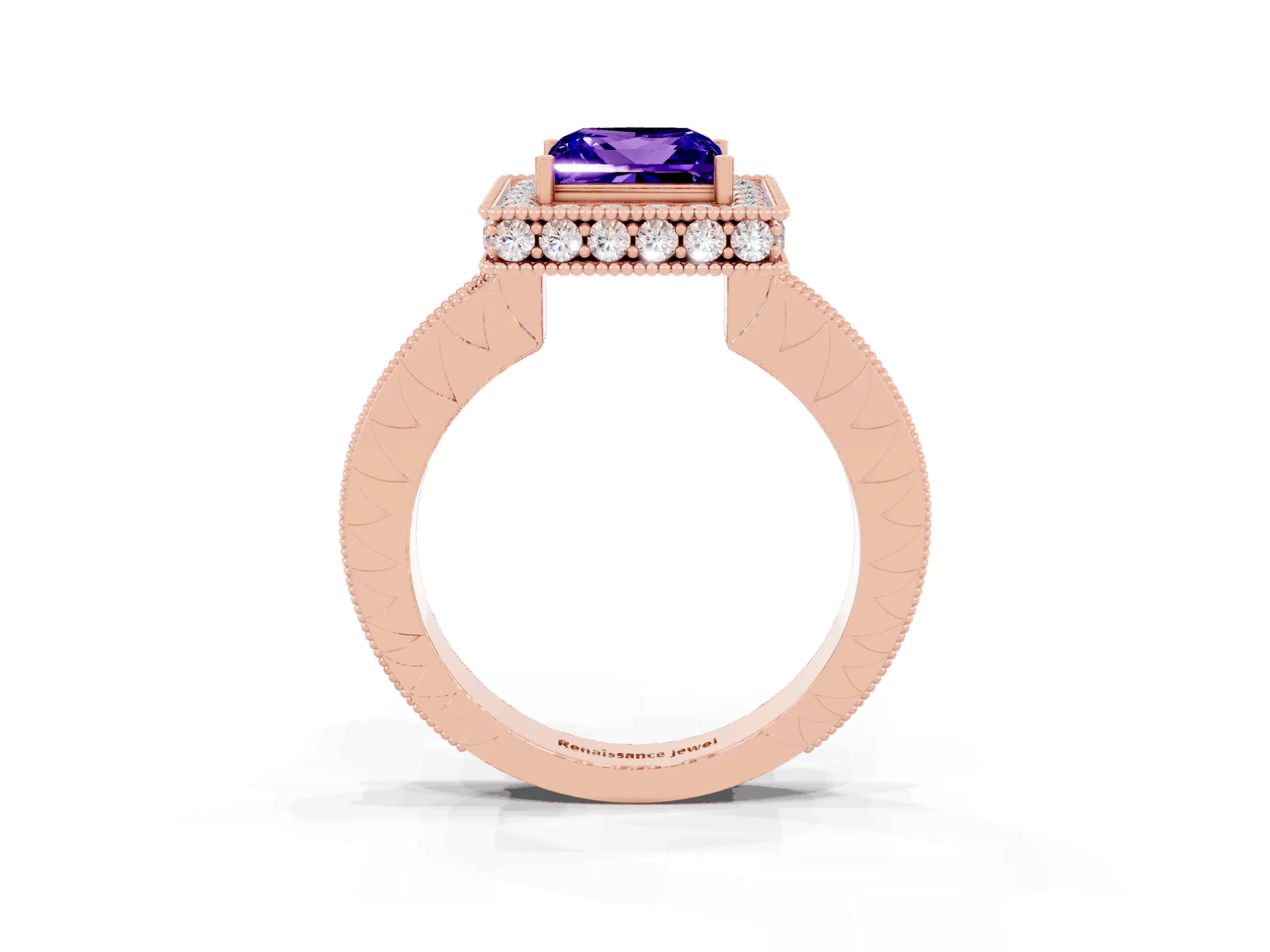 Rose gold Princess Cut Halo Diamond Engagement Ring with Milgrain Pave Band and Four-Prong Setting_3