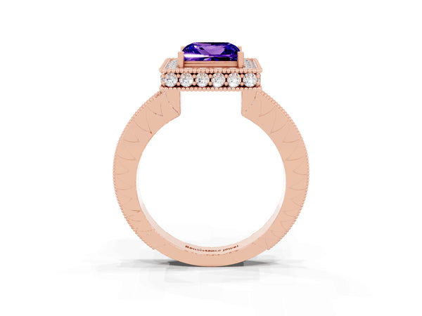 Rose gold Princess Cut Halo Diamond Engagement Ring with Milgrain Pave Band and Four-Prong Setting