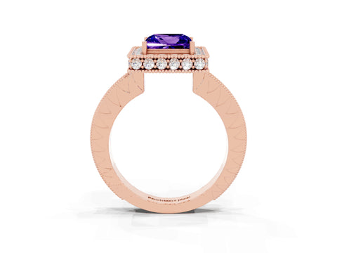 Rose gold Princess Cut Halo Diamond Engagement Ring with Milgrain Pave Band and Four-Prong Setting_3