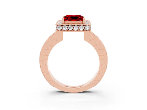 Rose gold Princess Cut Halo Diamond Engagement Ring with Milgrain Pave Band and Four-Prong Setting_3
