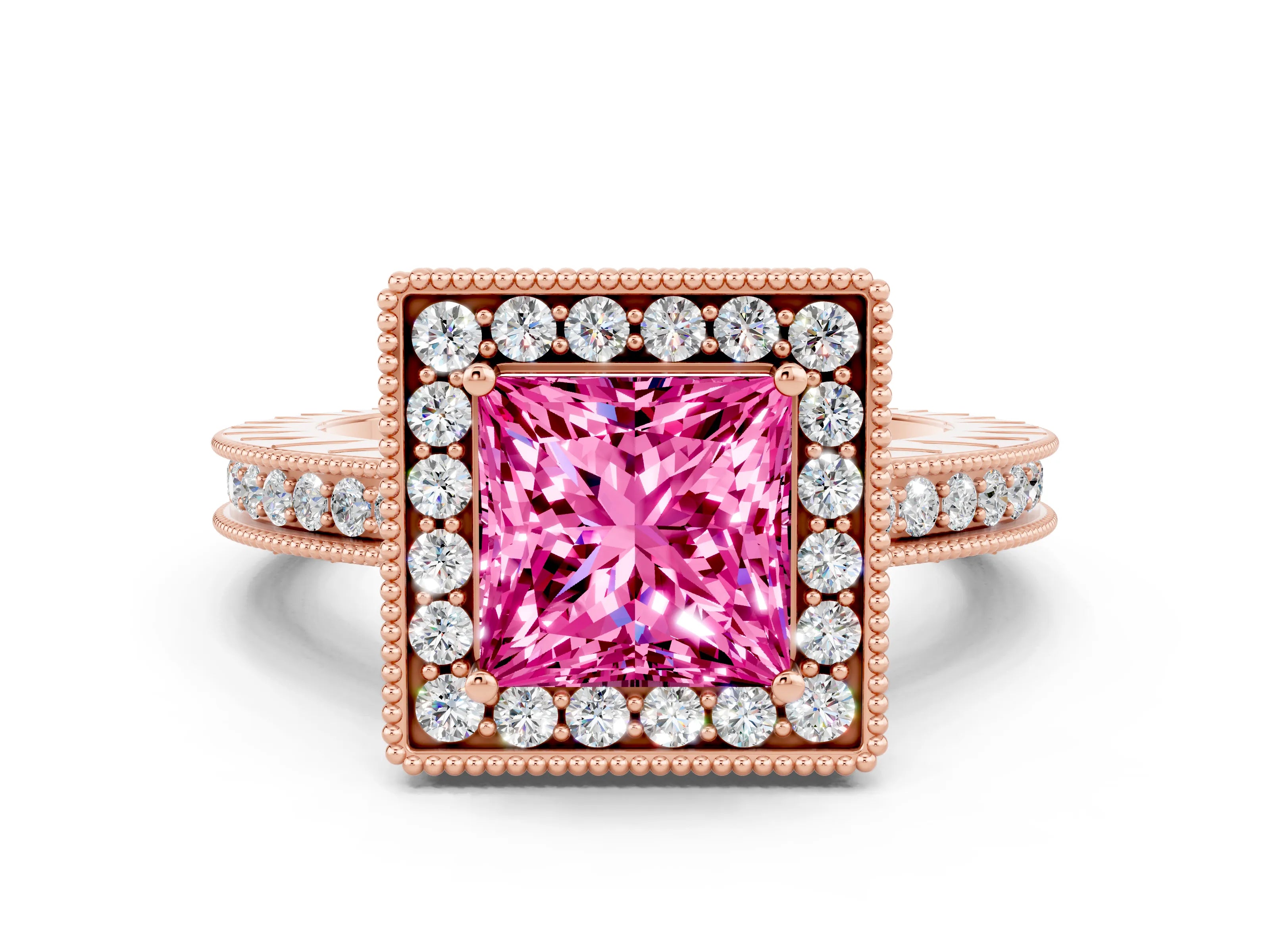 Rose gold Princess Cut Halo Diamond Engagement Ring with Milgrain Pave Band and Four-Prong Setting