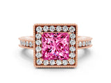 Rose gold Princess Cut Halo Diamond Engagement Ring with Milgrain Pave Band and Four-Prong Setting