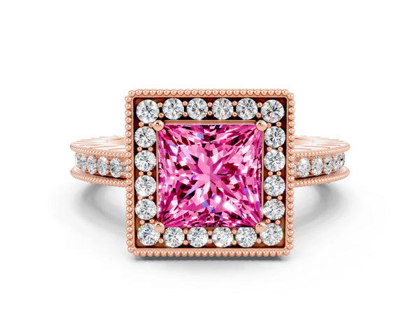 Rose gold Princess Cut Halo Diamond Engagement Ring with Milgrain Pave Band and Four-Prong Setting