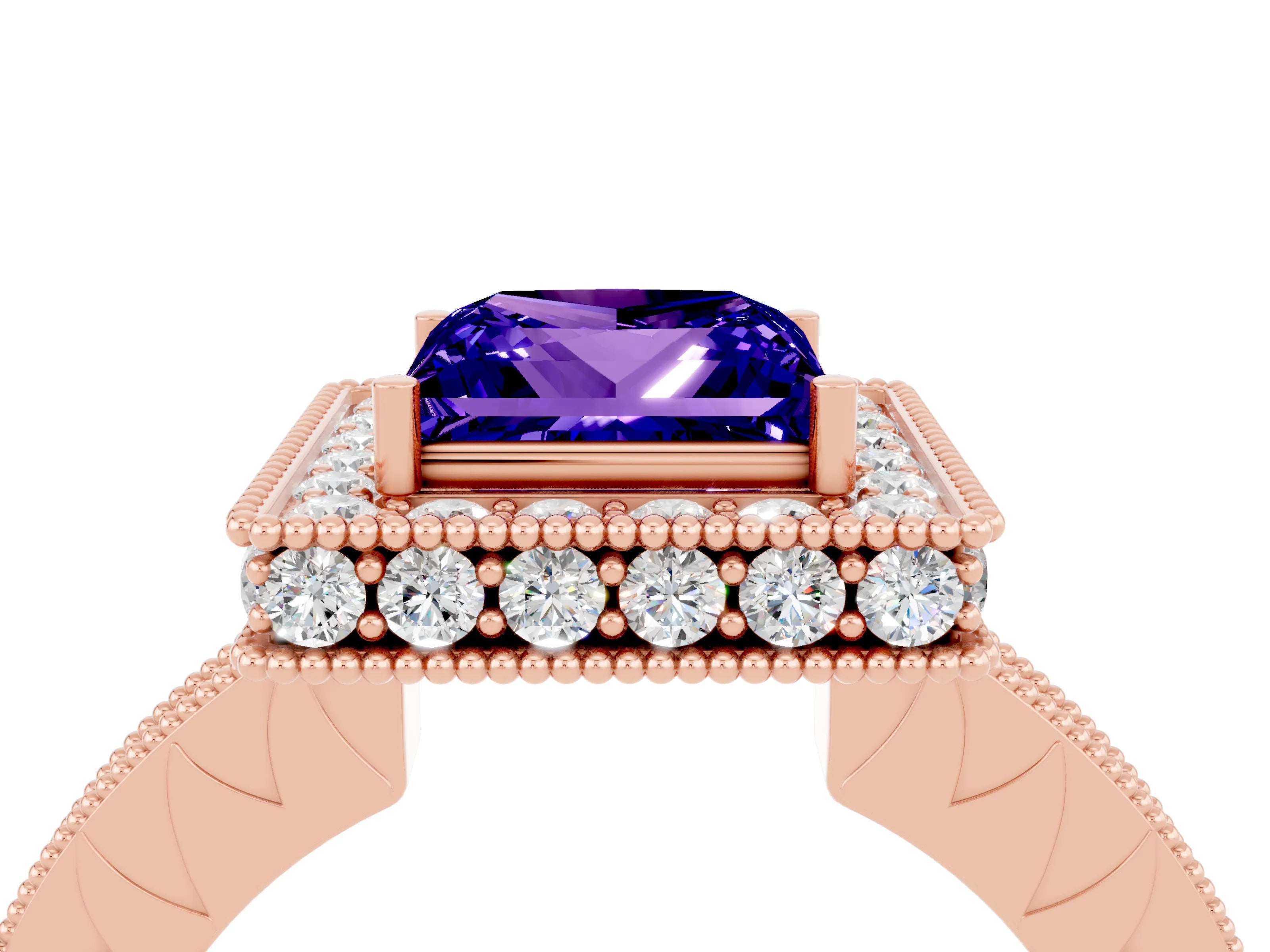 Rose gold Princess Cut Halo Diamond Engagement Ring with Milgrain Pave Band and Four-Prong Setting_4