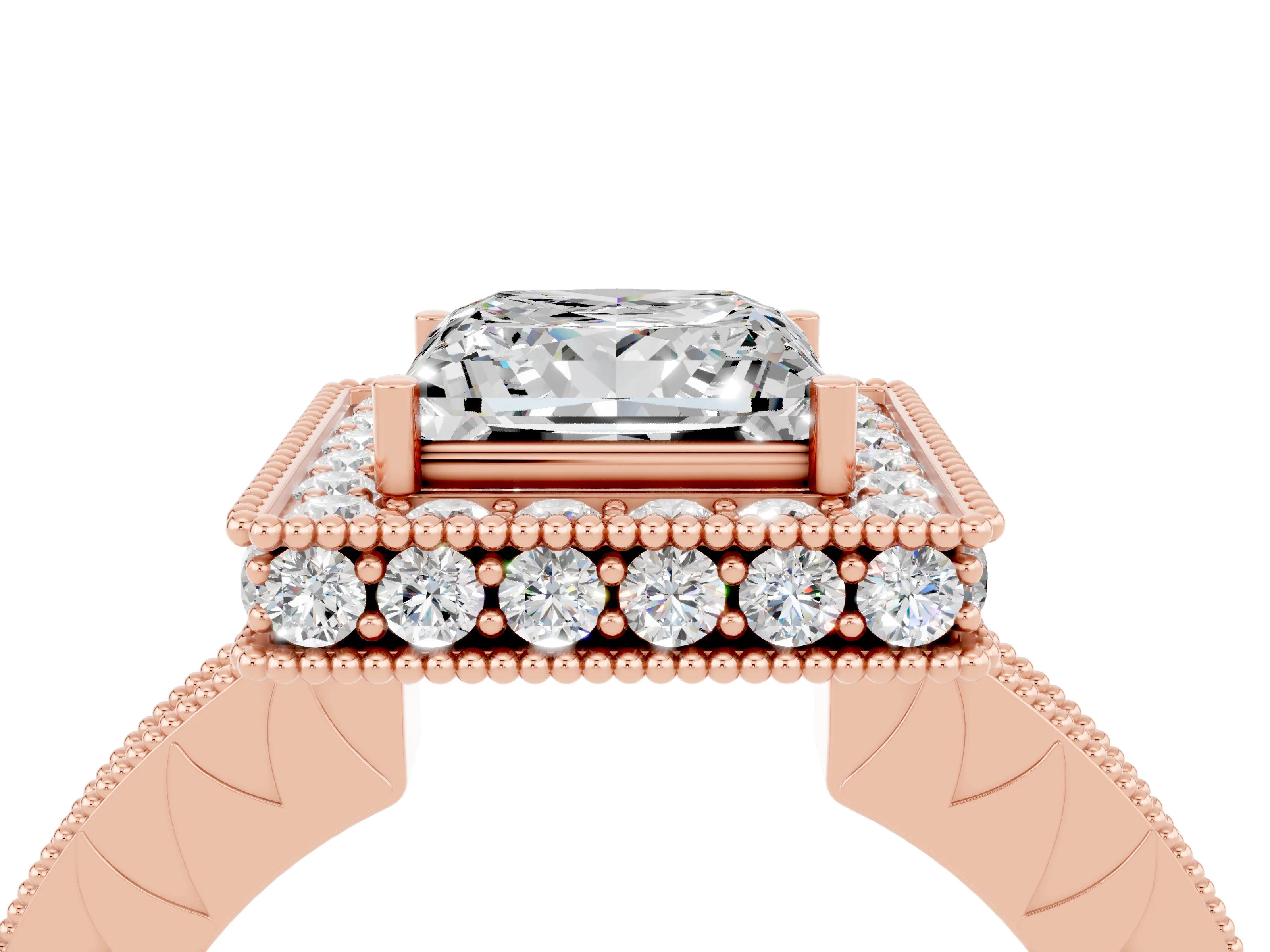 Rose gold Princess Cut Halo Diamond Engagement Ring with Milgrain Pave Band and Four-Prong Setting_4