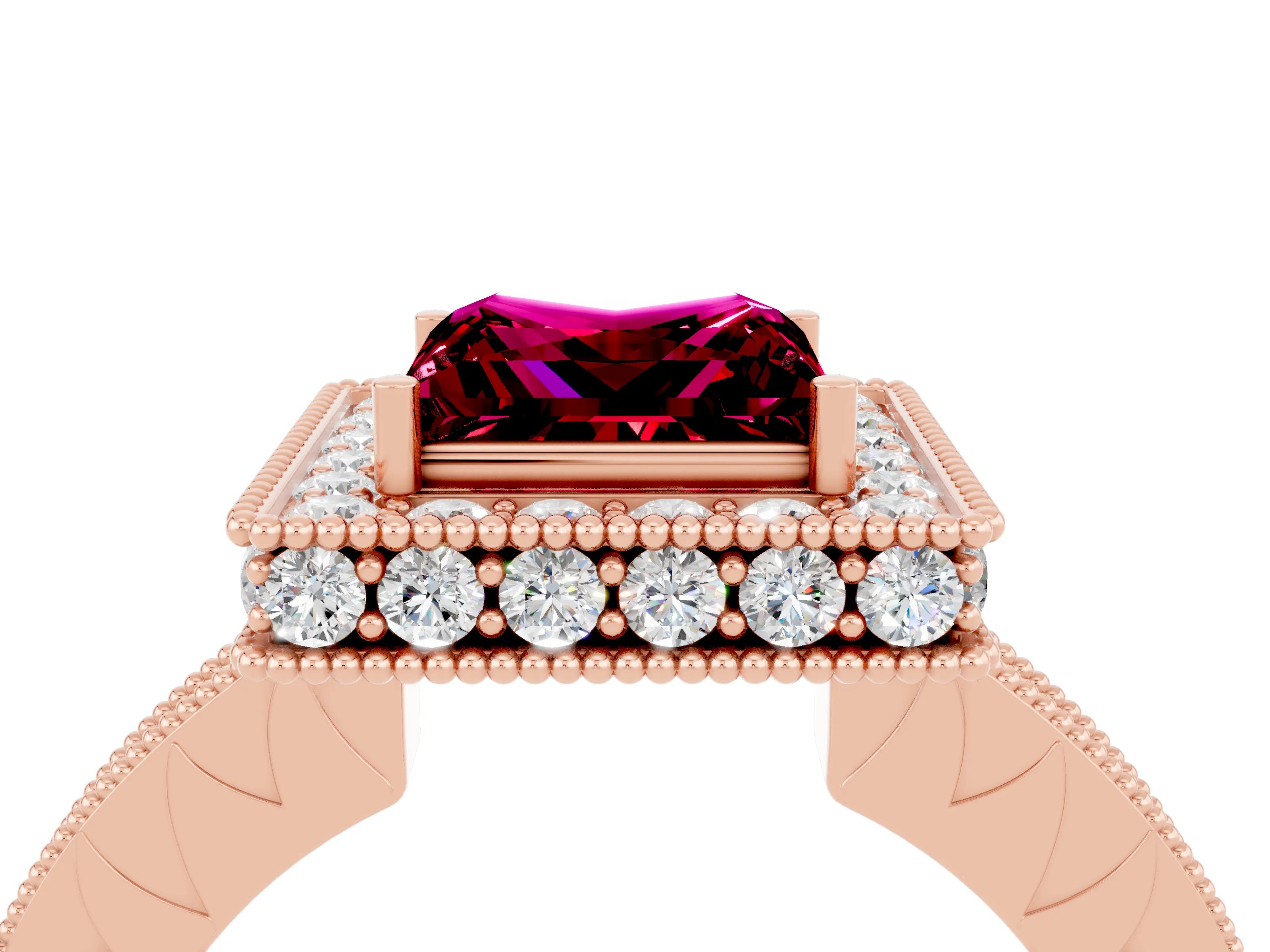Rose gold Princess Cut Halo Diamond Engagement Ring with Milgrain Pave Band and Four-Prong Setting_4