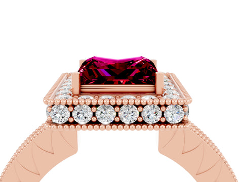 Rose gold Princess Cut Halo Diamond Engagement Ring with Milgrain Pave Band and Four-Prong Setting_4
