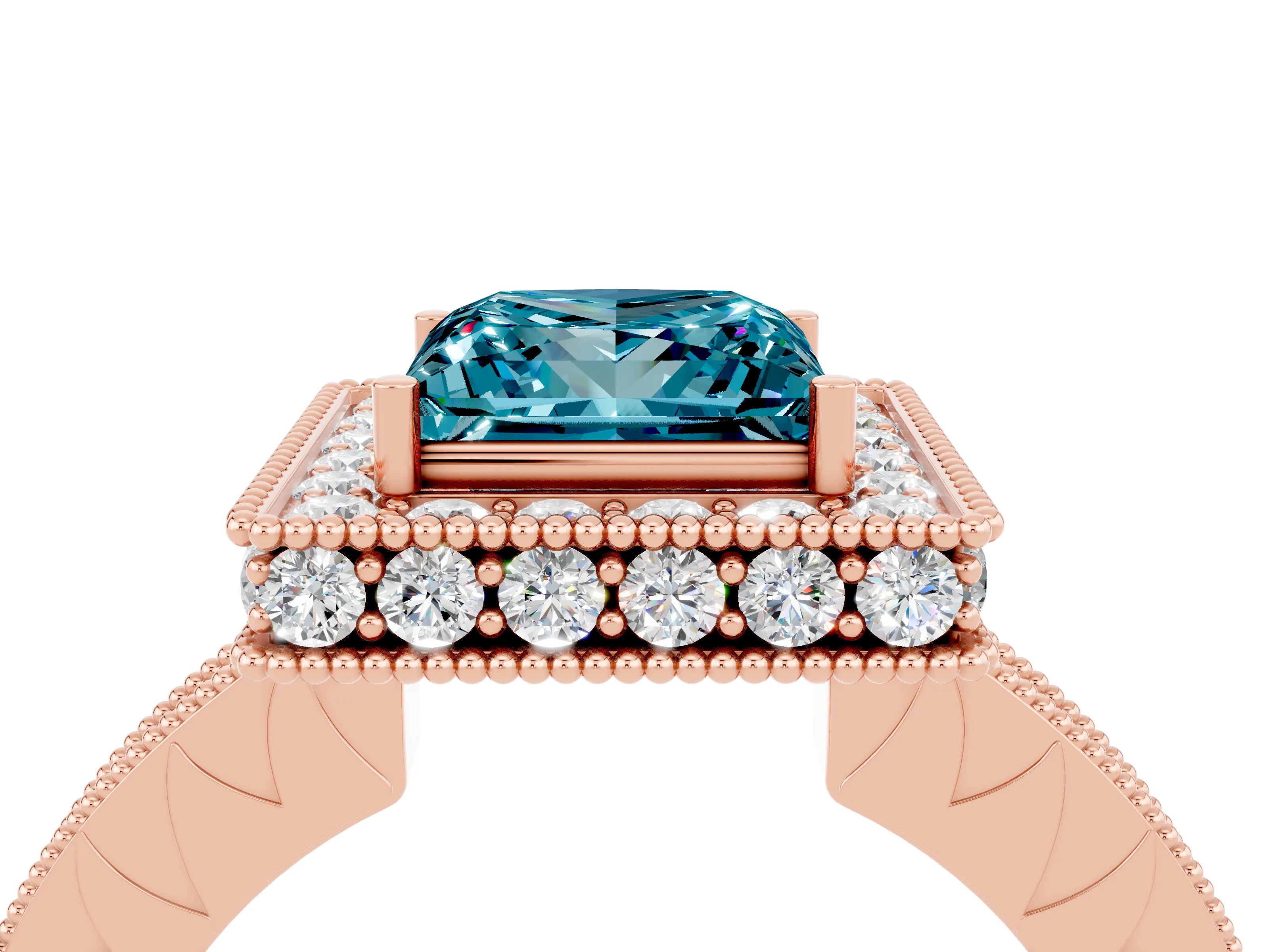 Rose gold Princess Cut Halo Diamond Engagement Ring with Milgrain Pave Band and Four-Prong Setting_4