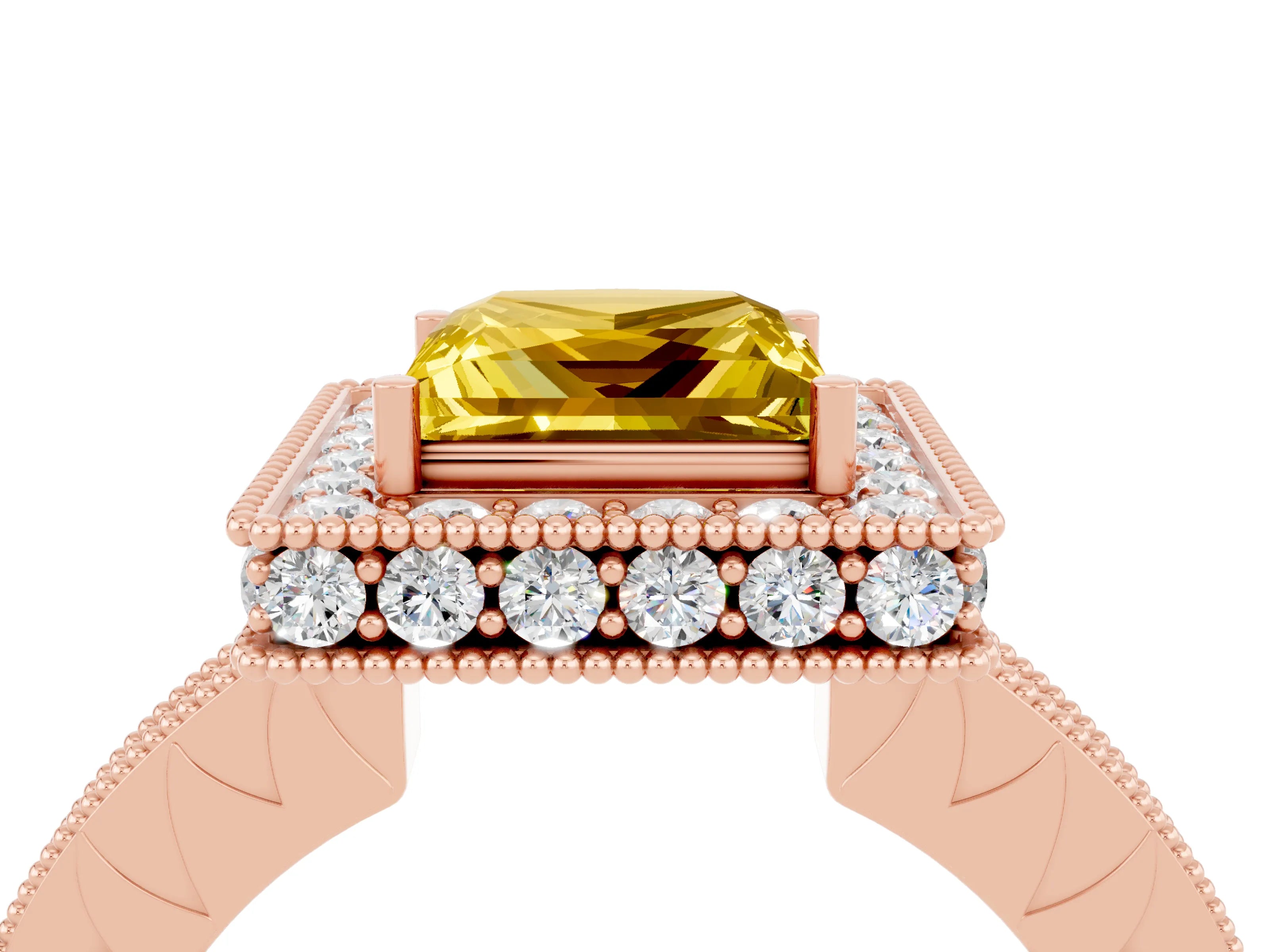 Rose gold Princess Cut Halo Diamond Engagement Ring with Milgrain Pave Band and Four-Prong Setting_4