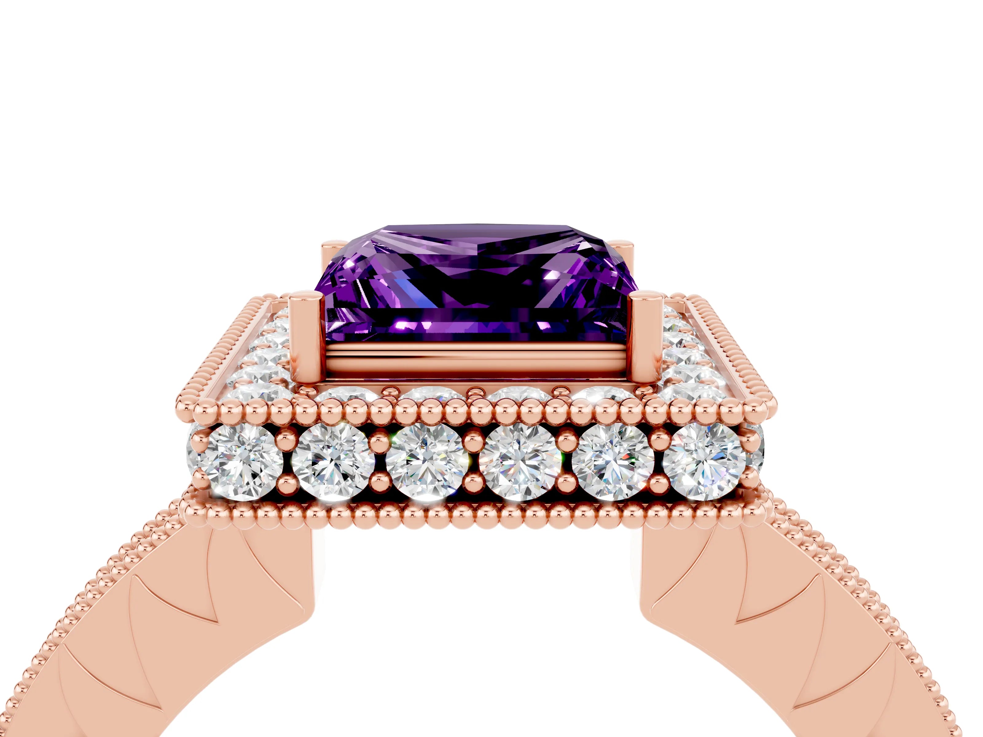 Rose gold Princess Cut Halo Diamond Engagement Ring with Milgrain Pave Band and Four-Prong Setting_4