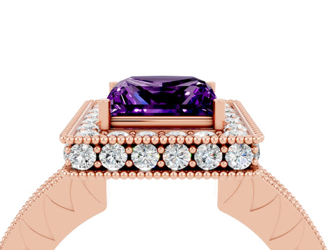 Rose gold Princess Cut Halo Diamond Engagement Ring with Milgrain Pave Band and Four-Prong Setting_4