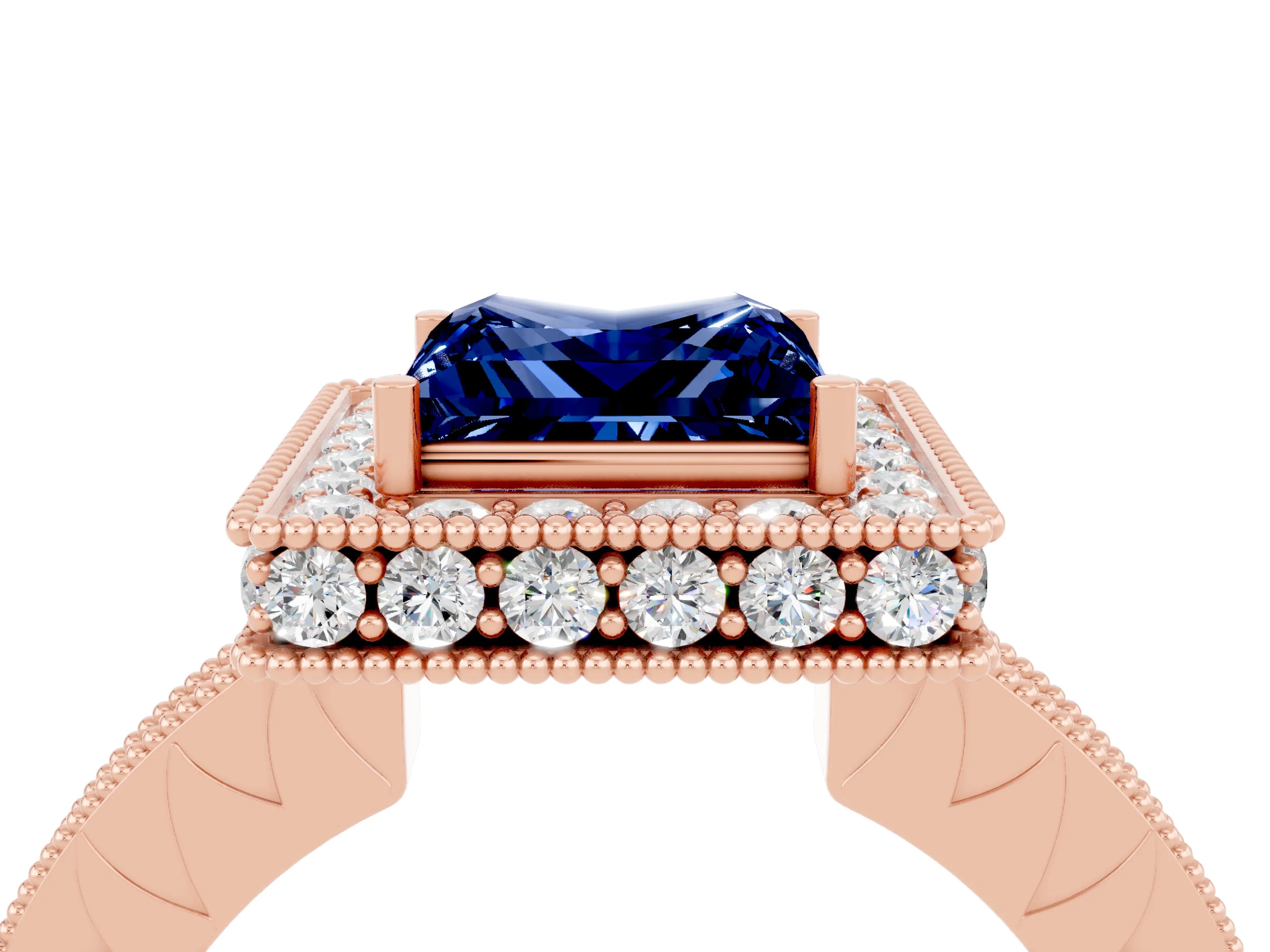 Rose gold Princess Cut Halo Diamond Engagement Ring with Milgrain Pave Band and Four-Prong Setting_4