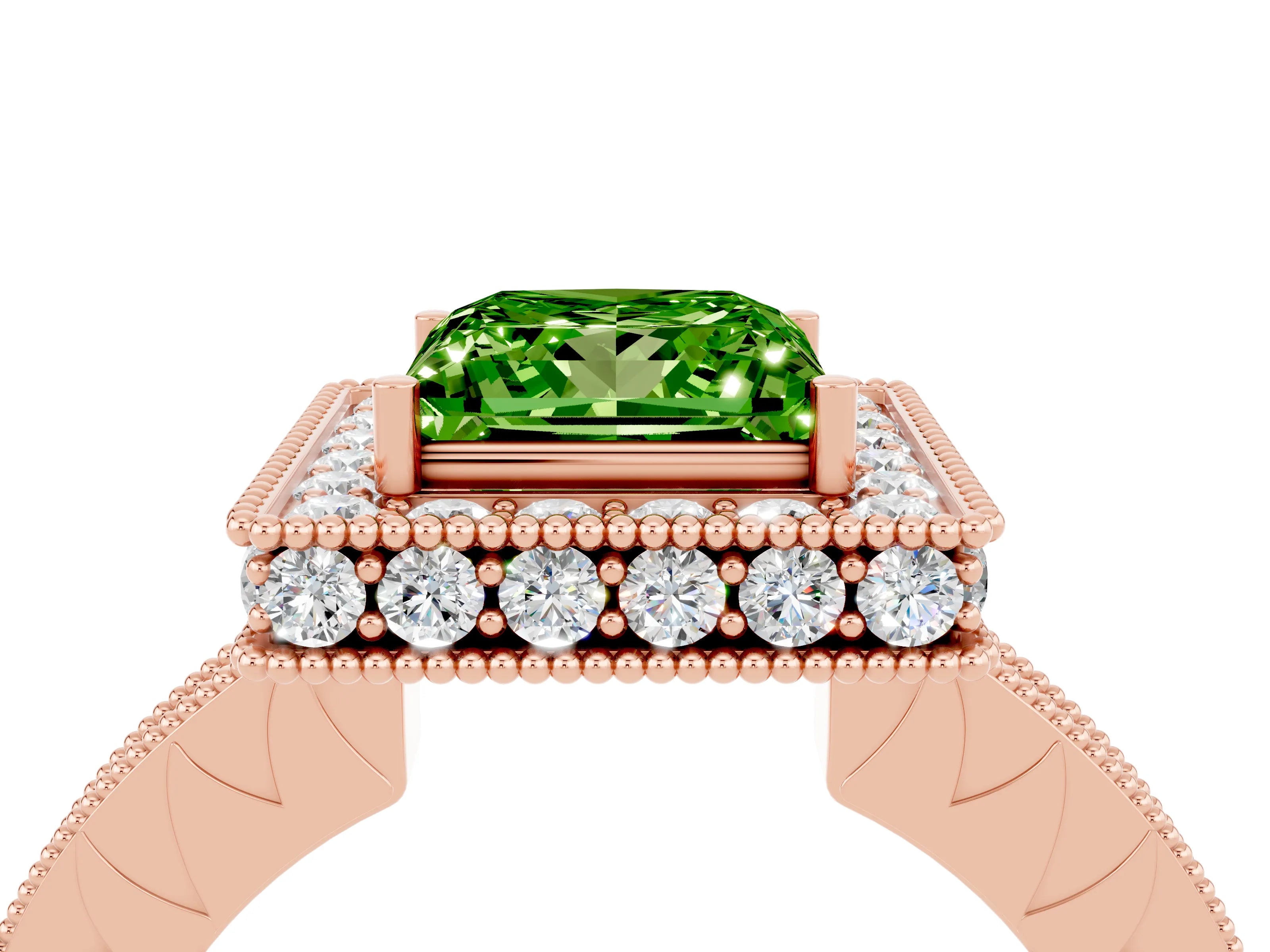 Rose gold Princess Cut Halo Diamond Engagement Ring with Milgrain Pave Band and Four-Prong Setting_4