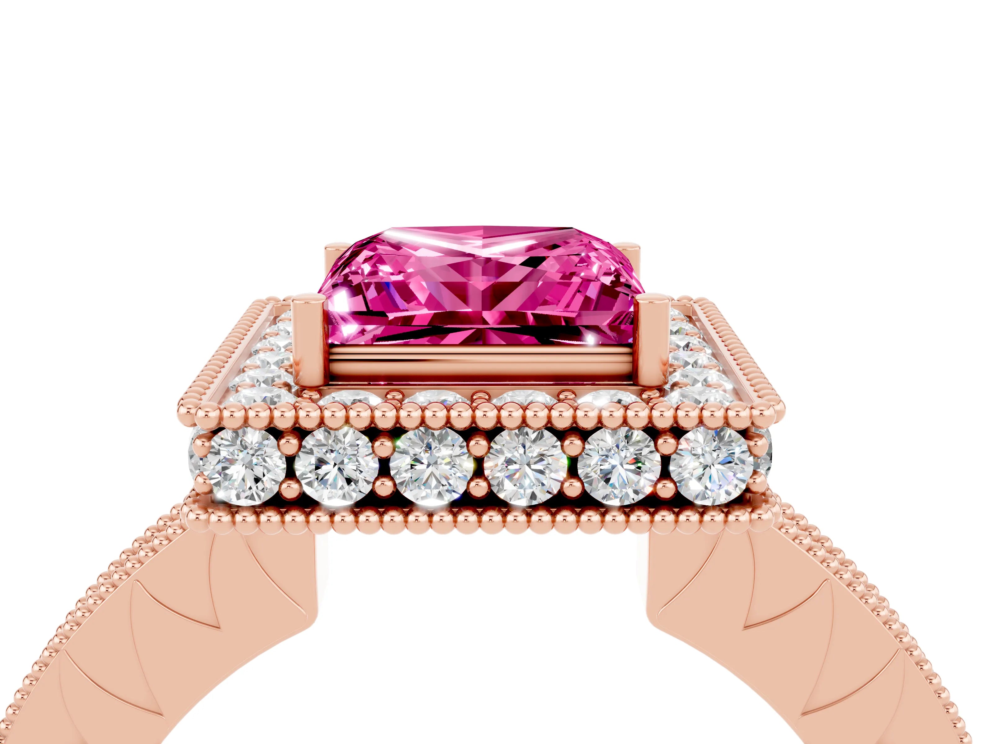 Rose gold Princess Cut Halo Diamond Engagement Ring with Milgrain Pave Band and Four-Prong Setting_4