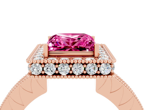 Rose gold Princess Cut Halo Diamond Engagement Ring with Milgrain Pave Band and Four-Prong Setting_4