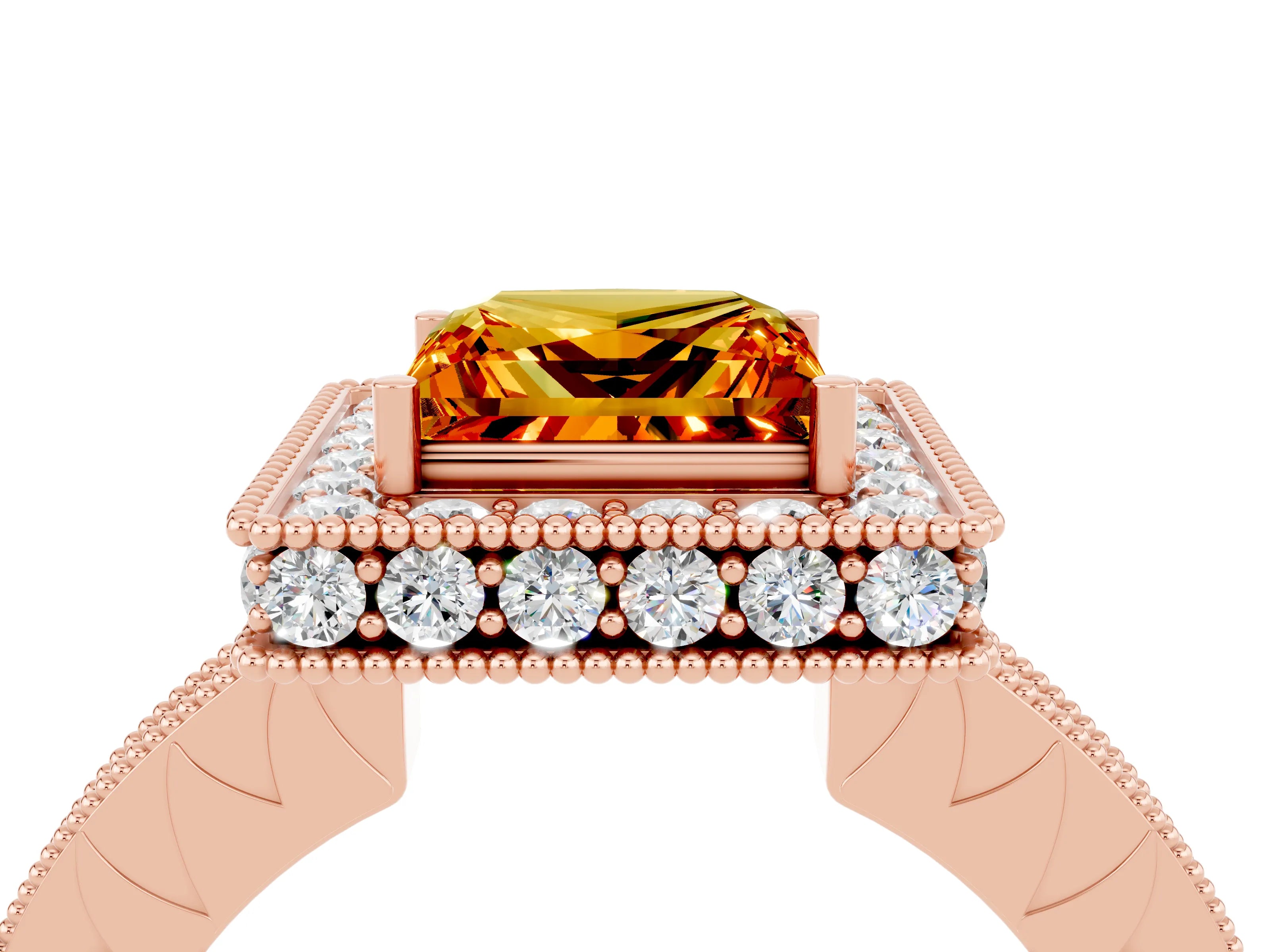 Rose gold Princess Cut Halo Diamond Engagement Ring with Milgrain Pave Band and Four-Prong Setting_4