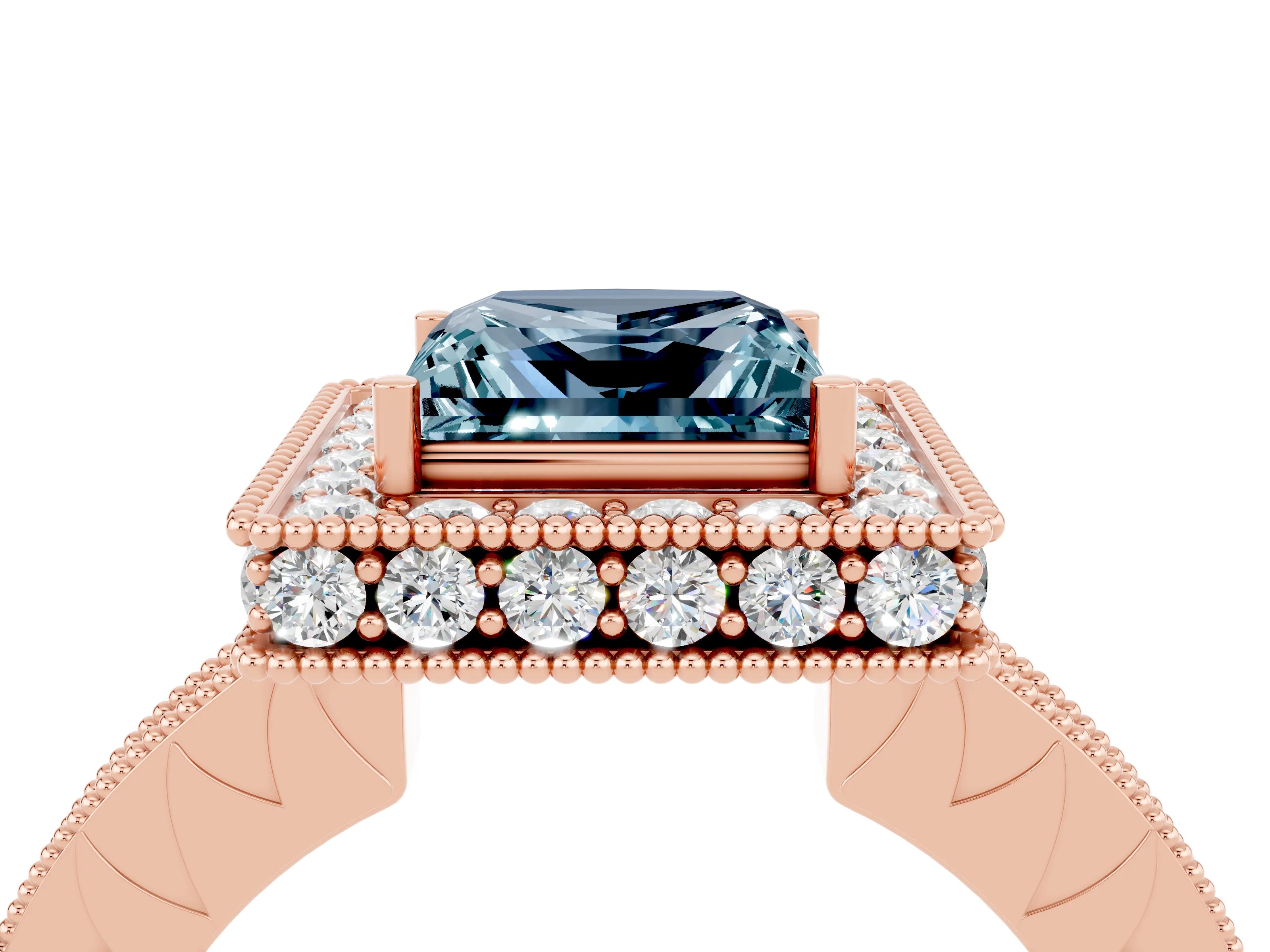 Rose gold Princess Cut Halo Diamond Engagement Ring with Milgrain Pave Band and Four-Prong Setting_4