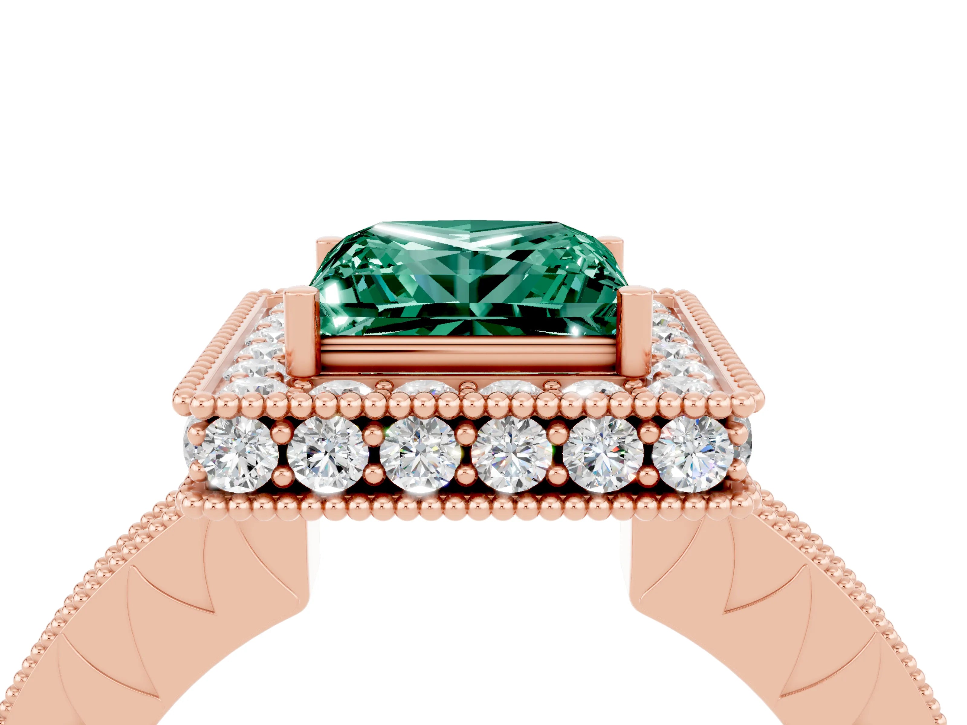 Rose gold Princess Cut Halo Diamond Engagement Ring with Milgrain Pave Band and Four-Prong Setting_4