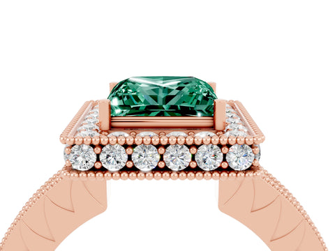 Rose gold Princess Cut Halo Diamond Engagement Ring with Milgrain Pave Band and Four-Prong Setting_4