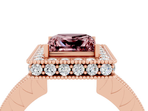 Rose gold Princess Cut Halo Diamond Engagement Ring with Milgrain Pave Band and Four-Prong Setting_4