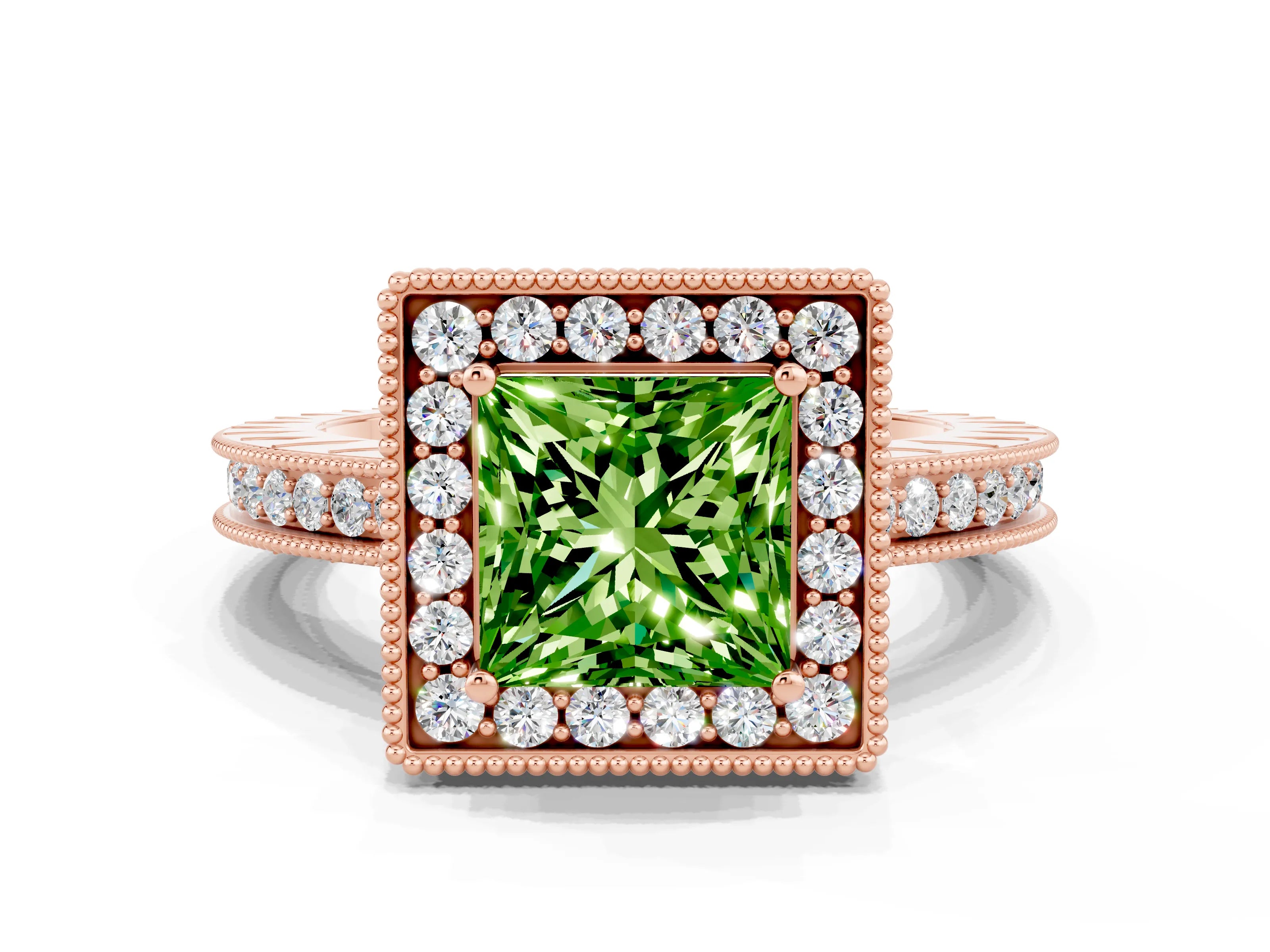 Rose gold Princess Cut Halo Diamond Engagement Ring with Milgrain Pave Band and Four-Prong Setting