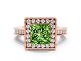 Rose gold Princess Cut Halo Diamond Engagement Ring with Milgrain Pave Band and Four-Prong Setting