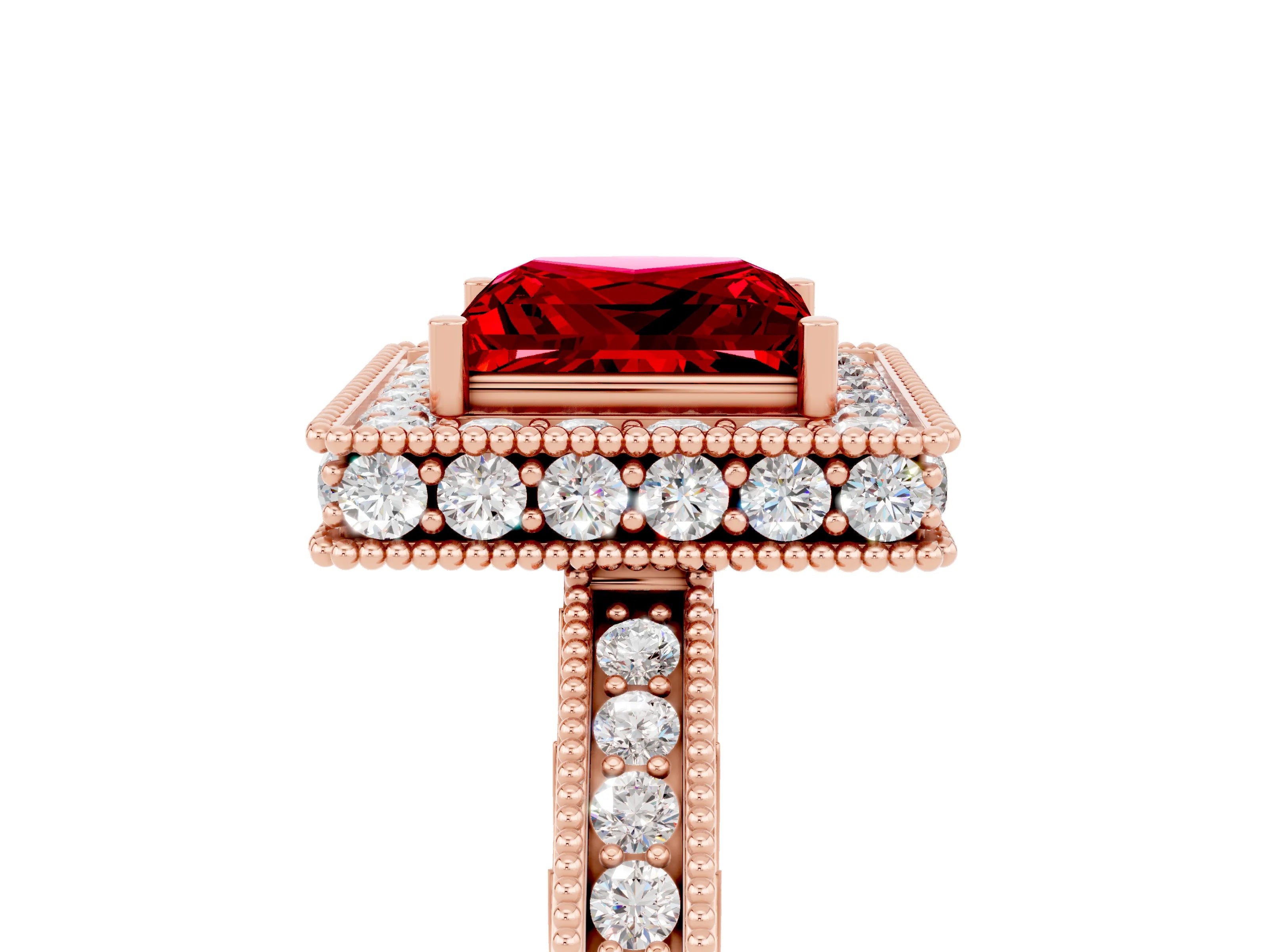 Rose gold Princess Cut Halo Diamond Engagement Ring with Milgrain Pave Band and Four-Prong Setting_5