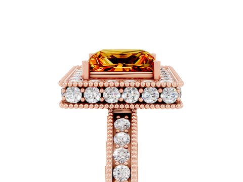 Rose gold Princess Cut Halo Diamond Engagement Ring with Milgrain Pave Band and Four-Prong Setting_5