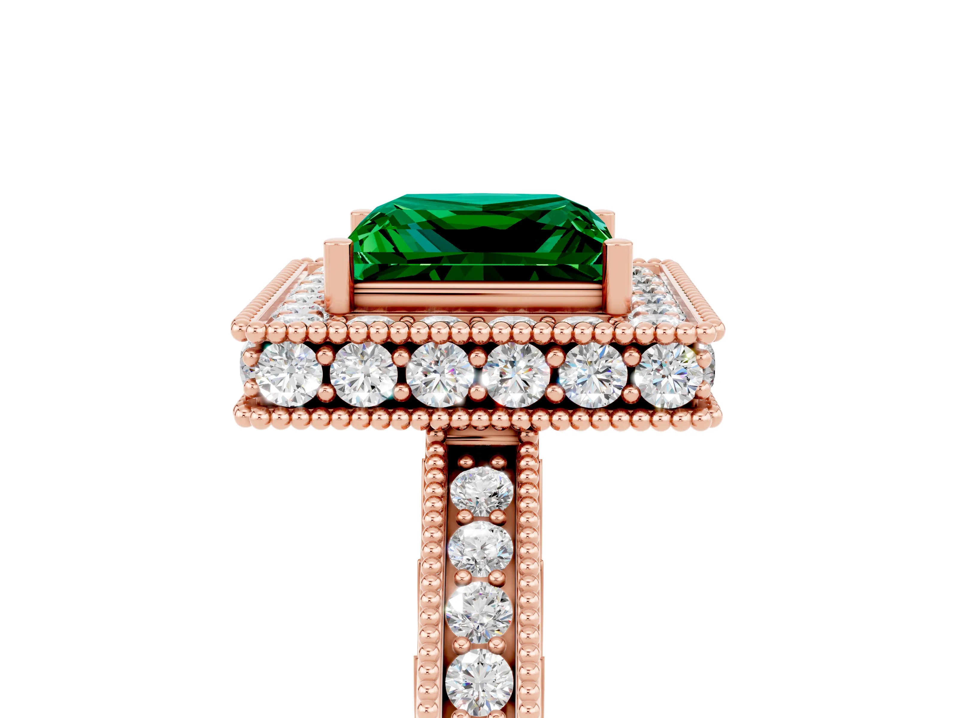 Rose gold Princess Cut Halo Diamond Engagement Ring with Milgrain Pave Band and Four-Prong Setting_5