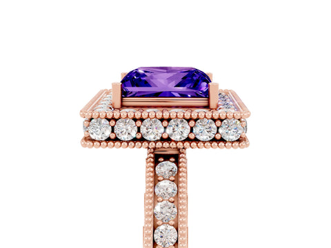 Rose gold Princess Cut Halo Diamond Engagement Ring with Milgrain Pave Band and Four-Prong Setting_5