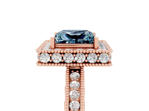 Rose gold Princess Cut Halo Diamond Engagement Ring with Milgrain Pave Band and Four-Prong Setting_5