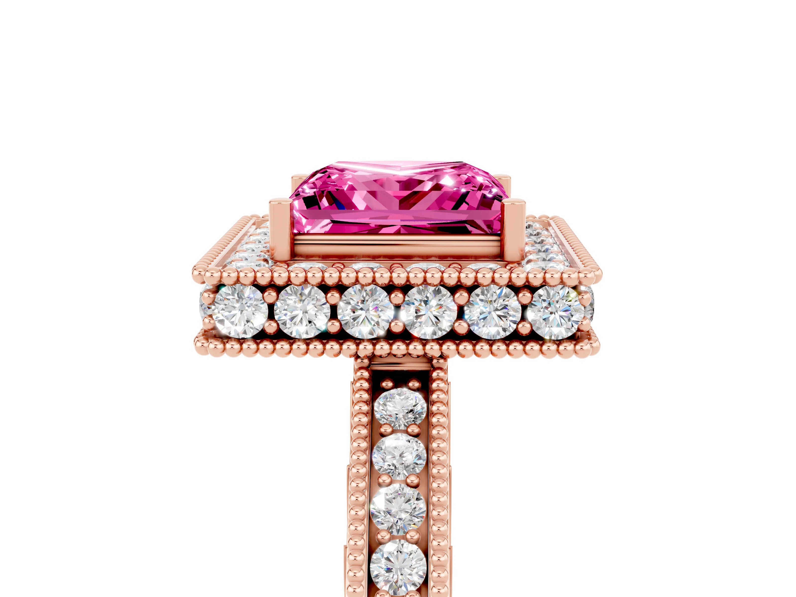 Rose gold Princess Cut Halo Diamond Engagement Ring with Milgrain Pave Band and Four-Prong Setting_5