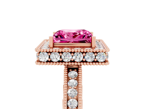 Rose gold Princess Cut Halo Diamond Engagement Ring with Milgrain Pave Band and Four-Prong Setting_5