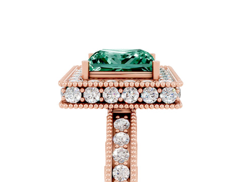 Rose gold Princess Cut Halo Diamond Engagement Ring with Milgrain Pave Band and Four-Prong Setting_5