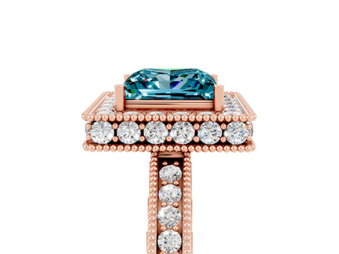 Rose gold Princess Cut Halo Diamond Engagement Ring with Milgrain Pave Band and Four-Prong Setting_5