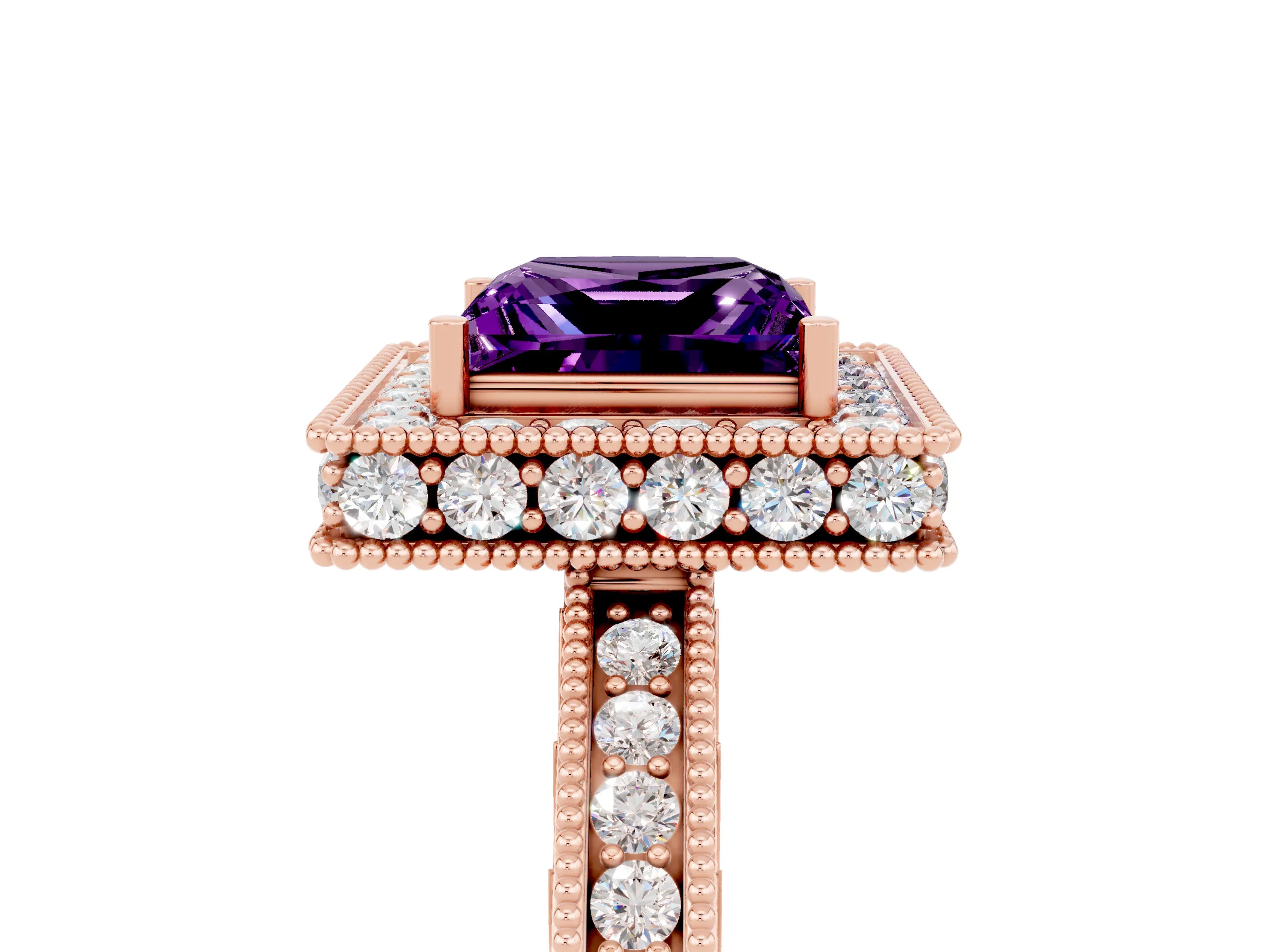 Rose gold Princess Cut Halo Diamond Engagement Ring with Milgrain Pave Band and Four-Prong Setting_5