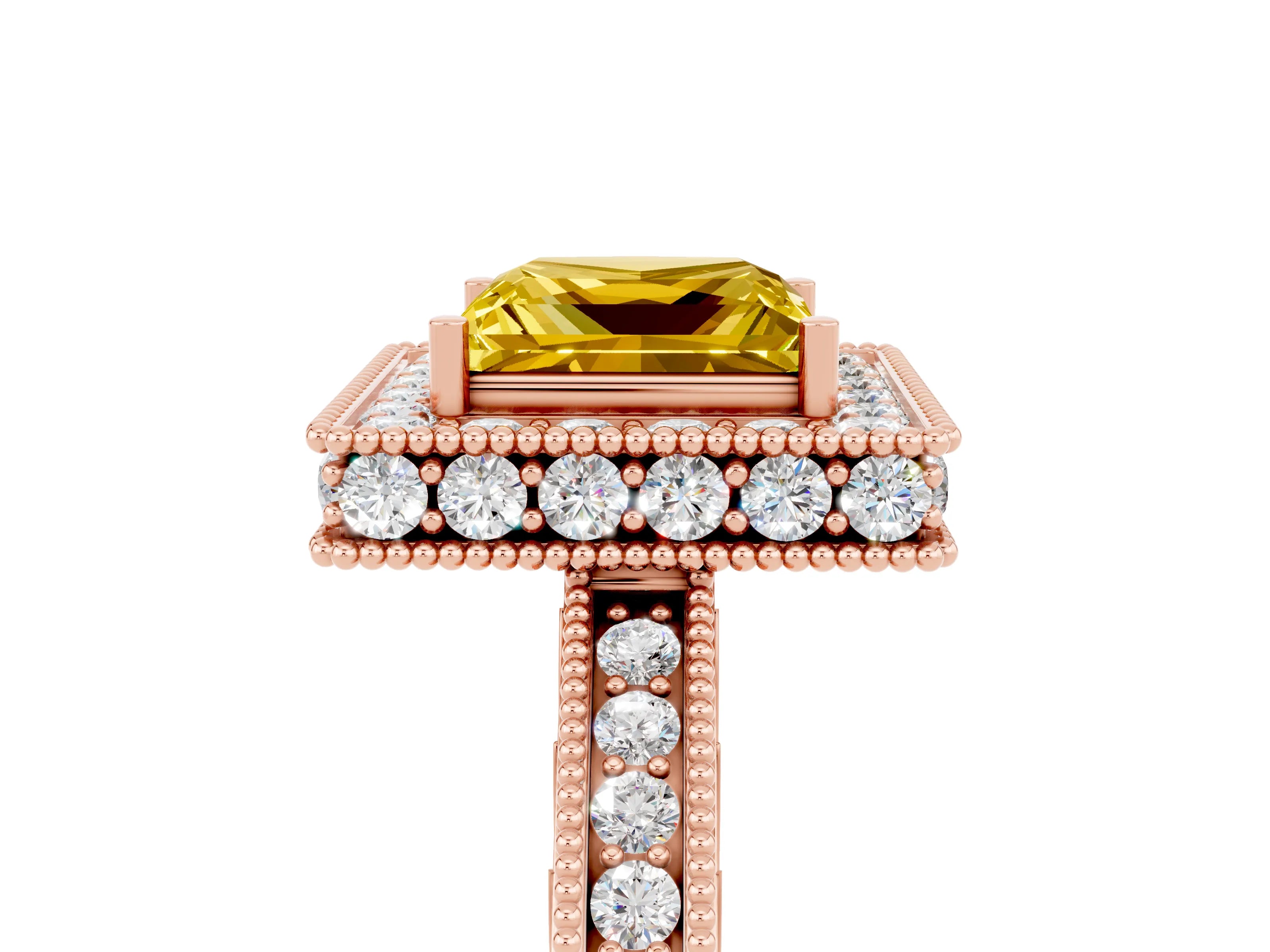 Rose gold Princess Cut Halo Diamond Engagement Ring with Milgrain Pave Band and Four-Prong Setting_5