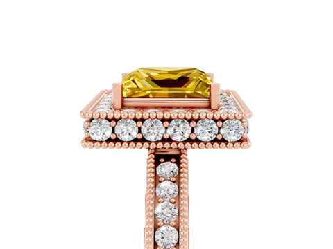 Rose gold Princess Cut Halo Diamond Engagement Ring with Milgrain Pave Band and Four-Prong Setting_5