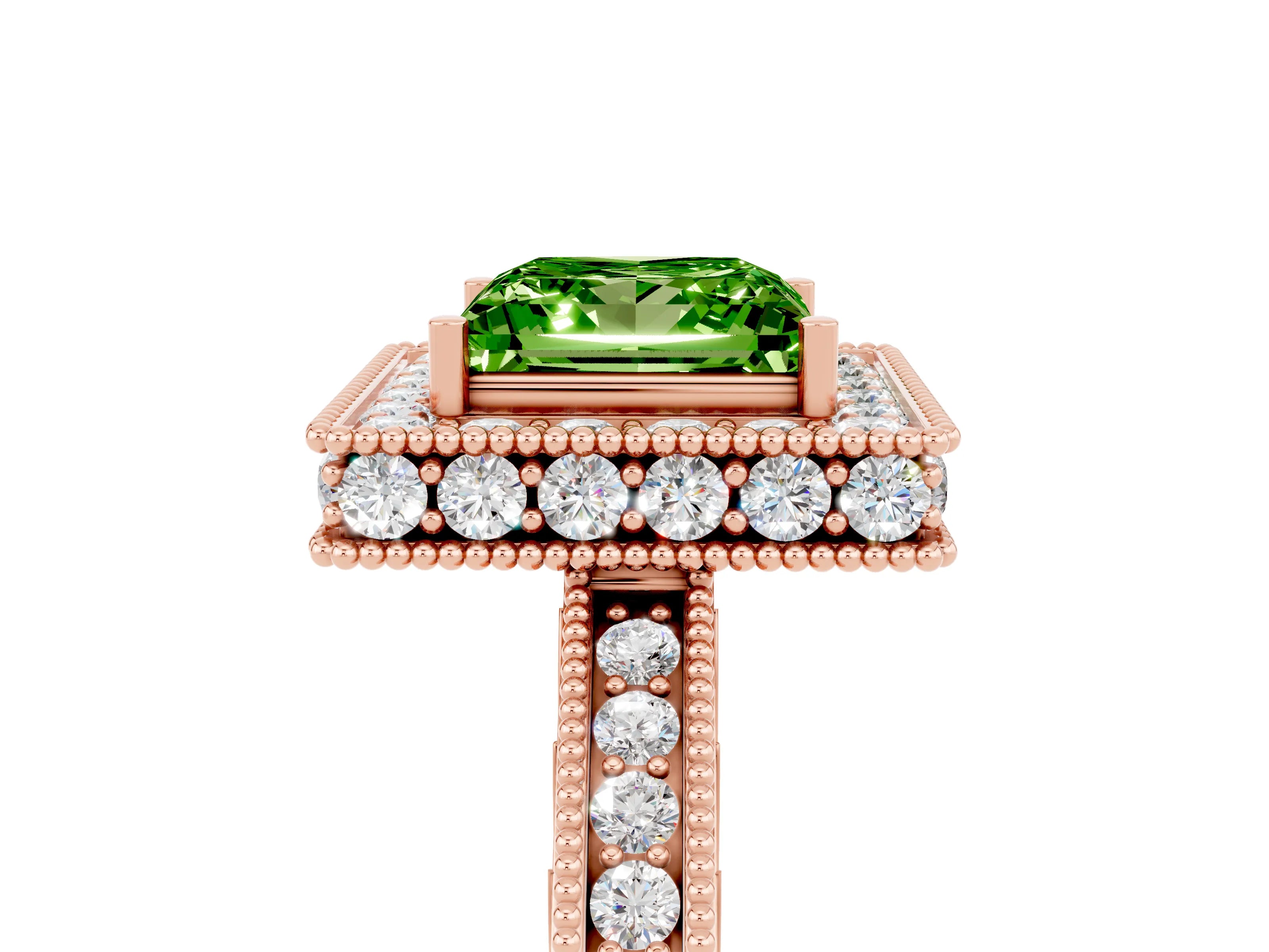 Rose gold Princess Cut Halo Diamond Engagement Ring with Milgrain Pave Band and Four-Prong Setting_5