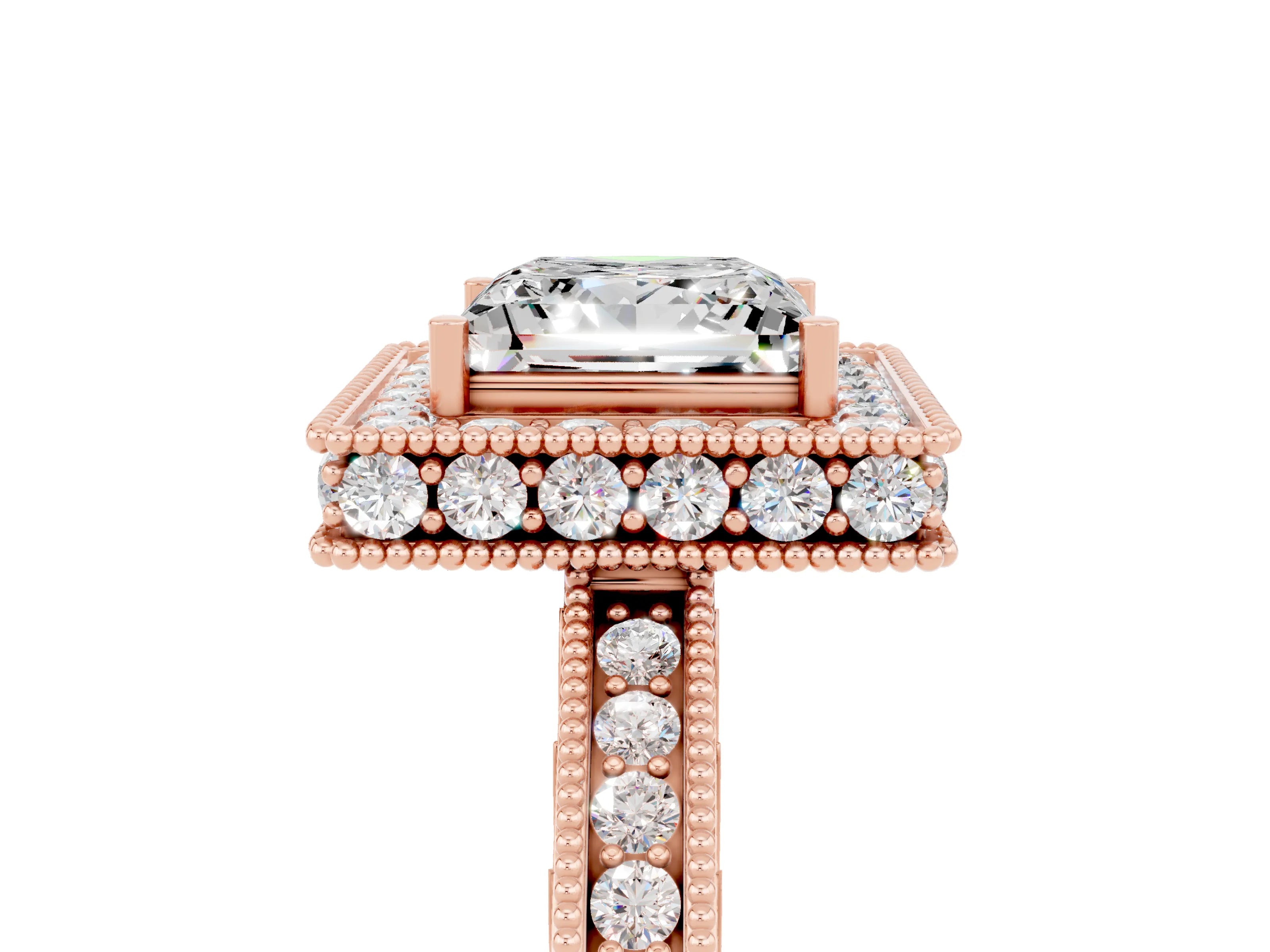 Rose gold Princess Cut Halo Diamond Engagement Ring with Milgrain Pave Band and Four-Prong Setting_5