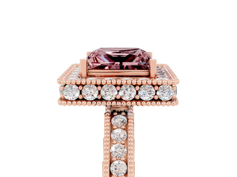 Rose gold Princess Cut Halo Diamond Engagement Ring with Milgrain Pave Band and Four-Prong Setting_5