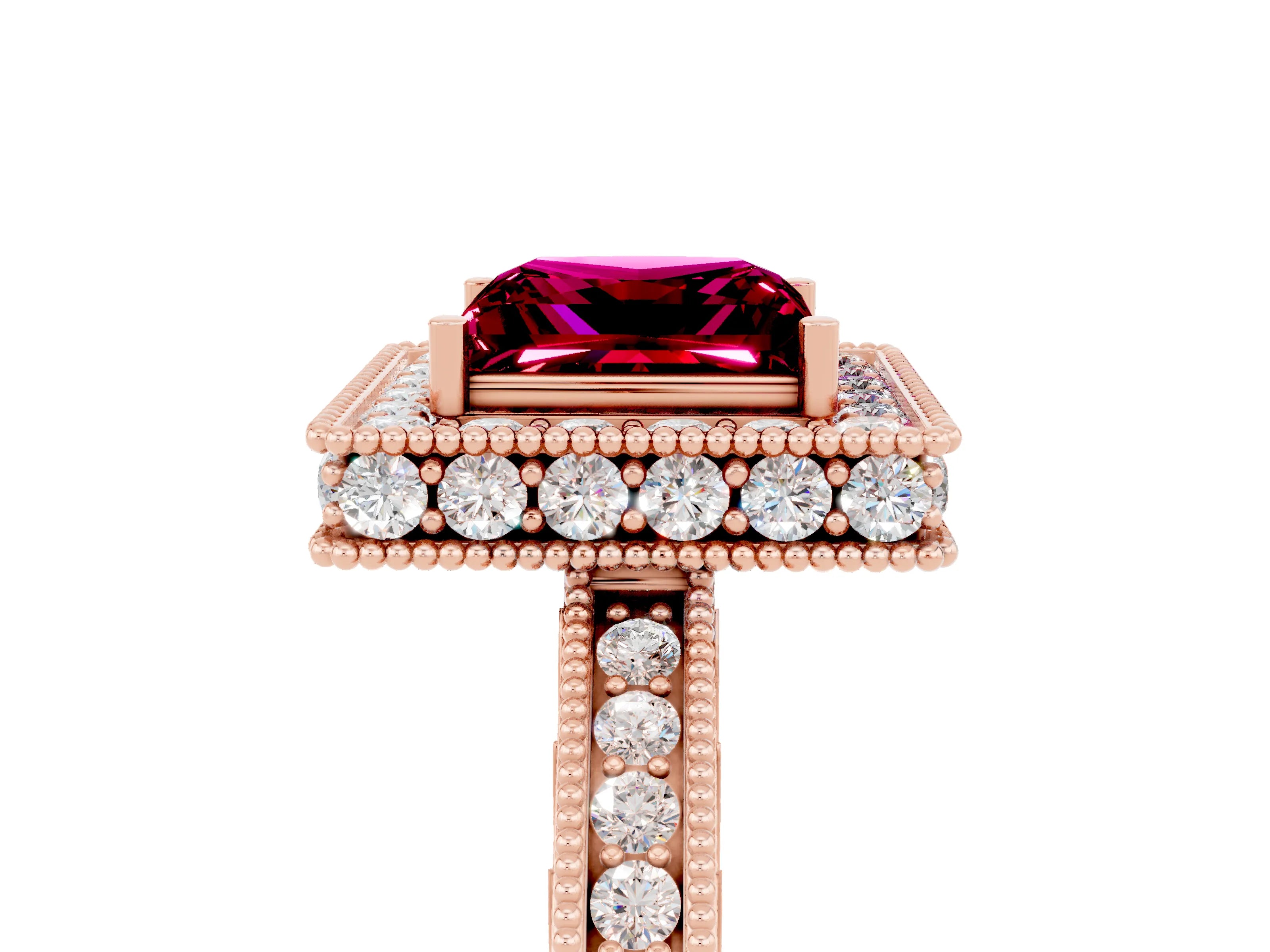 Rose gold Princess Cut Halo Diamond Engagement Ring with Milgrain Pave Band and Four-Prong Setting_5