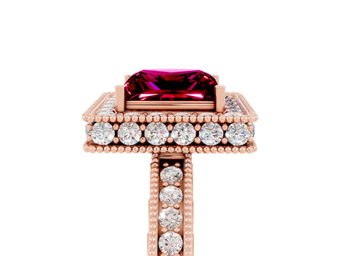 Rose gold Princess Cut Halo Diamond Engagement Ring with Milgrain Pave Band and Four-Prong Setting_5