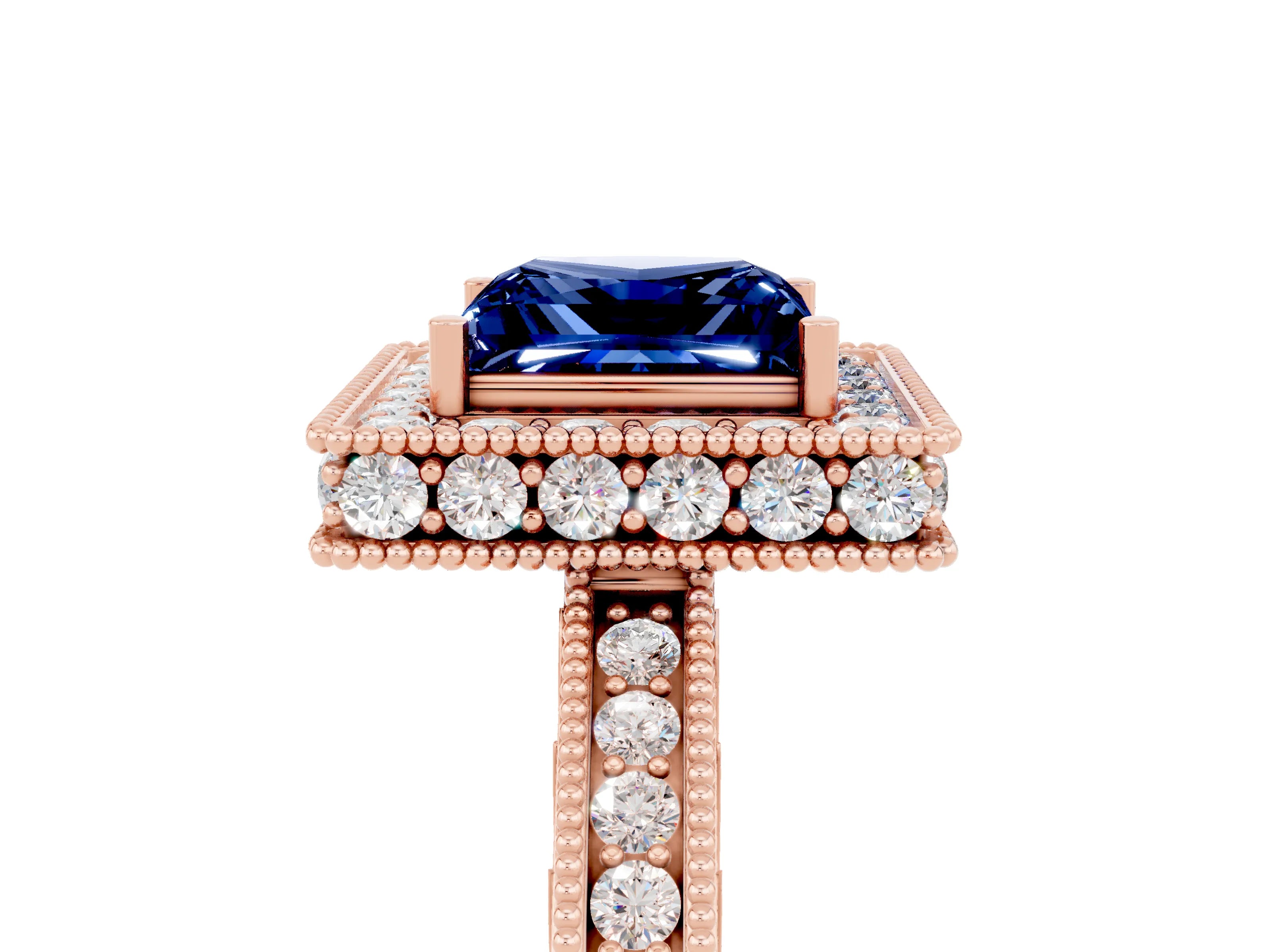 Rose gold Princess Cut Halo Diamond Engagement Ring with Milgrain Pave Band and Four-Prong Setting_5