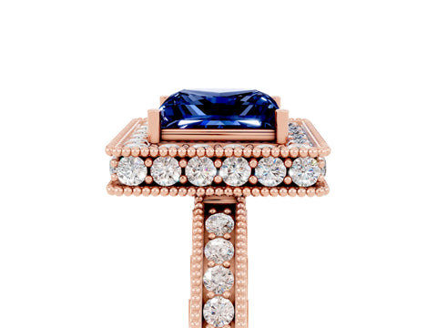 Rose gold Princess Cut Halo Diamond Engagement Ring with Milgrain Pave Band and Four-Prong Setting_5